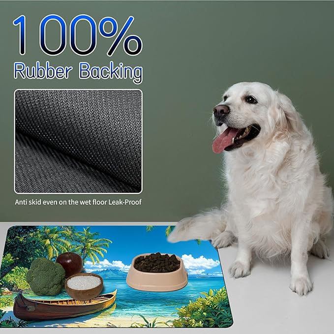 Dog Food Mat, 15.7" x 23.6" Absorbent Pet Feeding Mat for Food and Water, Waterproof Diatom Mud Pet Placemat with Non-Slip Rubber Backing, Easy Clean Cat Bowl Mat for Floors - Beach Boat