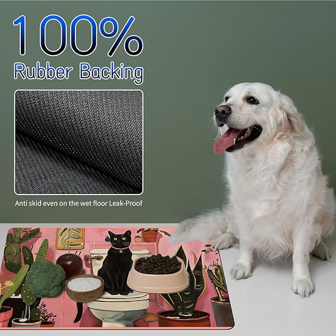 Dog Food Mat, 15.7" x 23.6" Absorbent Pet Feeding Mat for Food and Water, Waterproof Diatom Mud Pet Placemat with Non-Slip Rubber Backing, Easy Clean Cat Bowl Mat for Floors - Toilet Black Cat