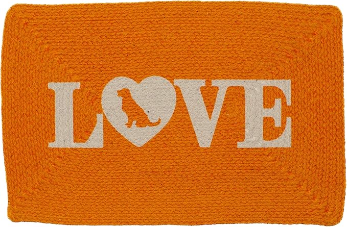 Super Area Rugs Decorative Dog Feeding Mat - 15" x 23" Natural Cotton Pet Bowl Rug, Hand-Woven Water-Absorbent Placemat for Dogs & Puppies (Love/Coral)