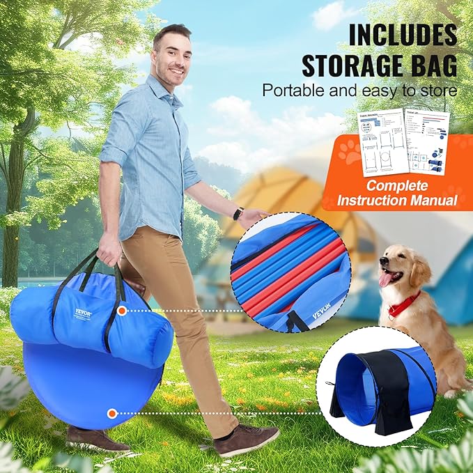 VEVOR Dog Agility Training Equipment, 13pcs Dog Agility Course Backyard Set, 2 Tunnels with Sandbags,Adjustable Hurdles,Weave Poles,Jump Ring,Pause Box, Puppy Obstacle Course Kit with Storage Bag