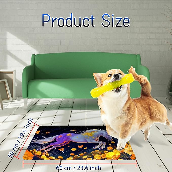Dog Food Mat, 19.6" x 23.6" Absorbent Pet Feeding Mat for Food and Water, Waterproof Diatom Mud Pet Placemat with Non-Slip Rubber Backing, Cat Bowl Mat for Floors - Yellow Flower Horse