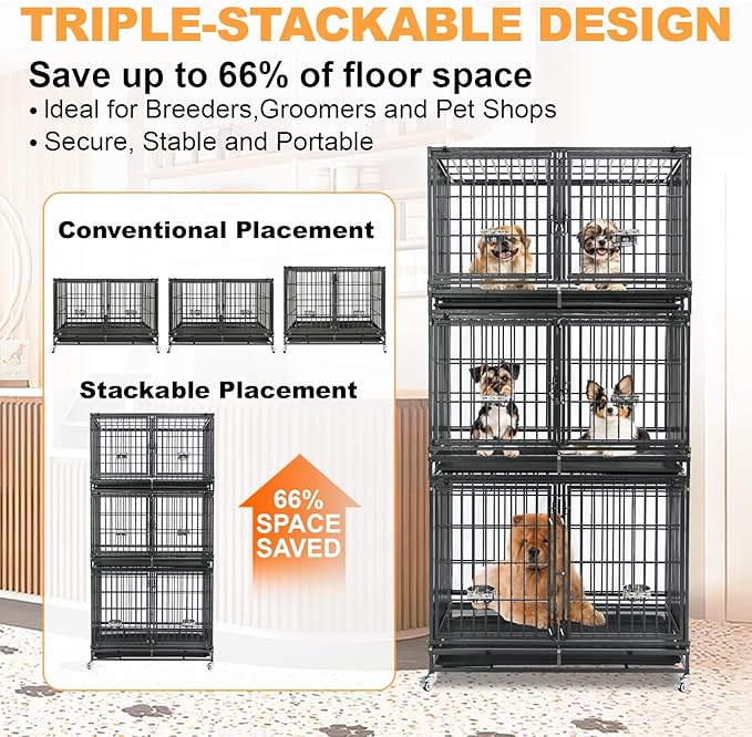 Homey Pet 43 Inch Stackable Heavy Duty Dog Crate Cage Kennel with Lockable Wheels, Removable Tray & Grid, Divider, Feeding Bowls, Escape Proof Drop Cage Bank for Small Medium Large Sized Dogs(3 Tiers)