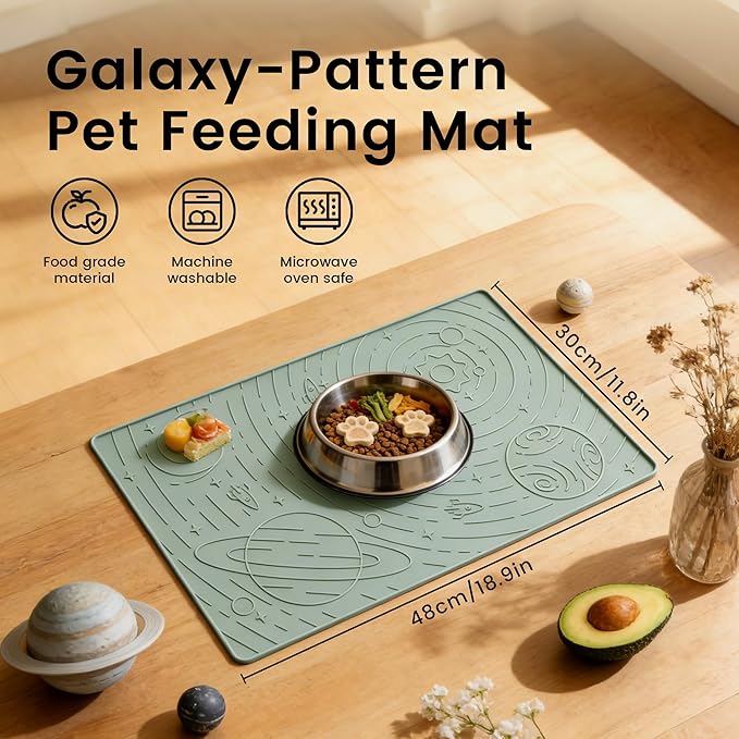 OHMO Dog Food Mat, Silicone Waterproof Cat Food Mat, Non-Skid Spill Proof Pet Feeding Mat for Food and Water, Easy to Clean Dog Placemat(Sage Green, 18.9" x 11.8")
