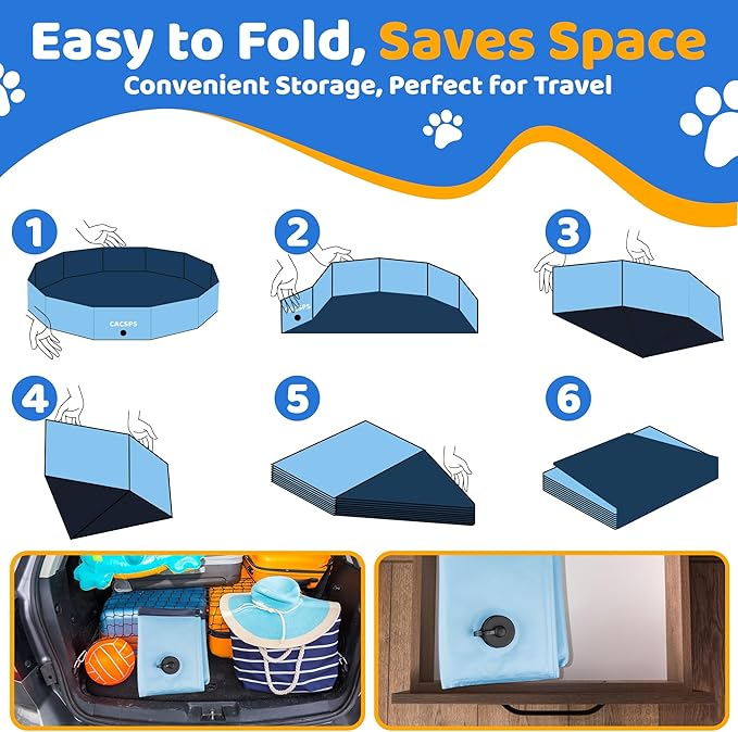 CACSPS 71" x 12" Foldable Dog Pool - Collapsible Hard Plastic Kiddie Pool for Dogs & Kids, Non-Slip Pet Bath Tub for Outdoor Backyard Use, Lightweight & Portable (Blue)