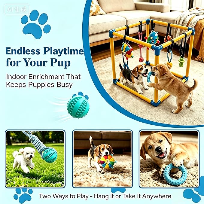 Puppy Play Gym for Small Dogs - 8 Interactive Teething Dog Toys, Durable PVC Frame, Indoor Chew & Activity Center, Relieves Boredom & Anxiety, Safe & Easy to Assemble for Puppies