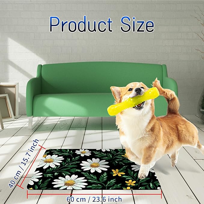 Dog Food Mat, 15.7" x 23.6" Absorbent Pet Feeding Mat for Food and Water, Waterproof Diatom Mud Pet Placemat with Non-Slip Rubber Backing, Cat Bowl Mat for Floors - White Daisy Green