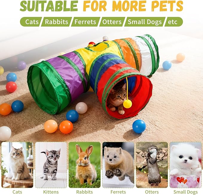 Cat Tunnel,Cat Tunnels for Indoor Cats Interactive, Pet Tunnel Toys for Cats Kitten Rabbits,3 Way Collapsible,Rainbow L 32" T Shape