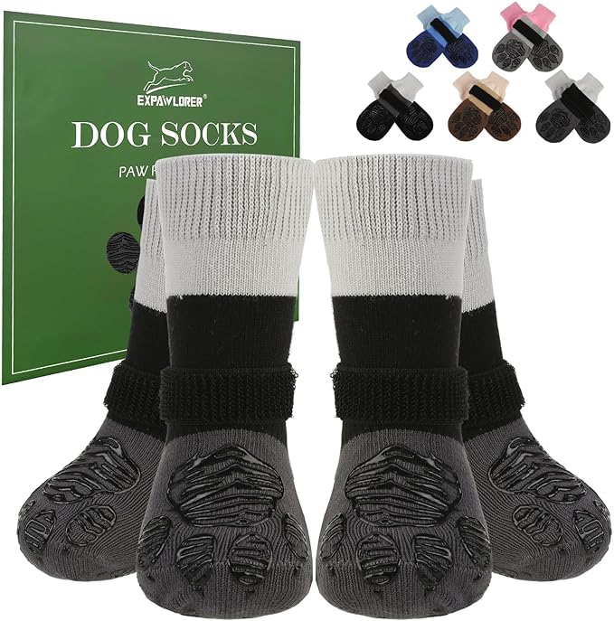 EXPAWLORER Anti Slip Dog Socks to Prevent Licking Paws, Dog Shoes for Hot Pavement, Dog Booties for Hardwood Floors, Dog Boots & Paw Protectors with Grippers for Small Medium Large Senior Dogs Grey XS