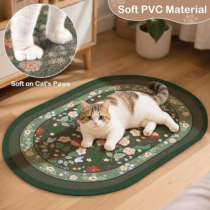 Bienbee Cat Litter Mat, 24" x 15" Litter Box Mat Rug with Non-Slip Bottom,Urine and Water Proof, Easy to Clean Cat Supplies Essentials for Indoor Kitty Kitten Floor, Green Flowers M