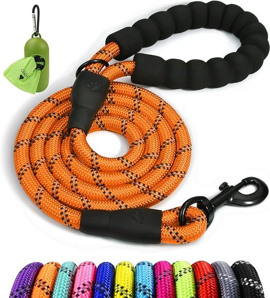 Taglory Rope Dog Leash 4 FT with Comfortable Padded Handle, Highly Reflective Threads Leash and Anti-Tangle Clip for Walking Small Dogs, 3/8 inch, Orange