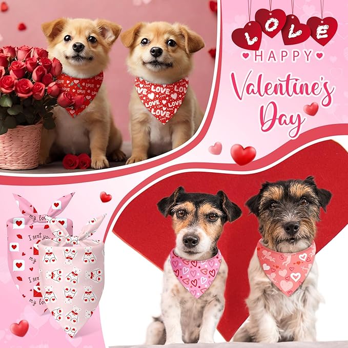 Abbylike 200 Pcs Valentine Dog Bandanas Bulk Red and Pink Bandanas for Dogs Triangle Kerchief Bibs Scarf Set for Pet Valentine Costume Photo Props Accessories Pet Shops Groomer Owner, 25 Styles