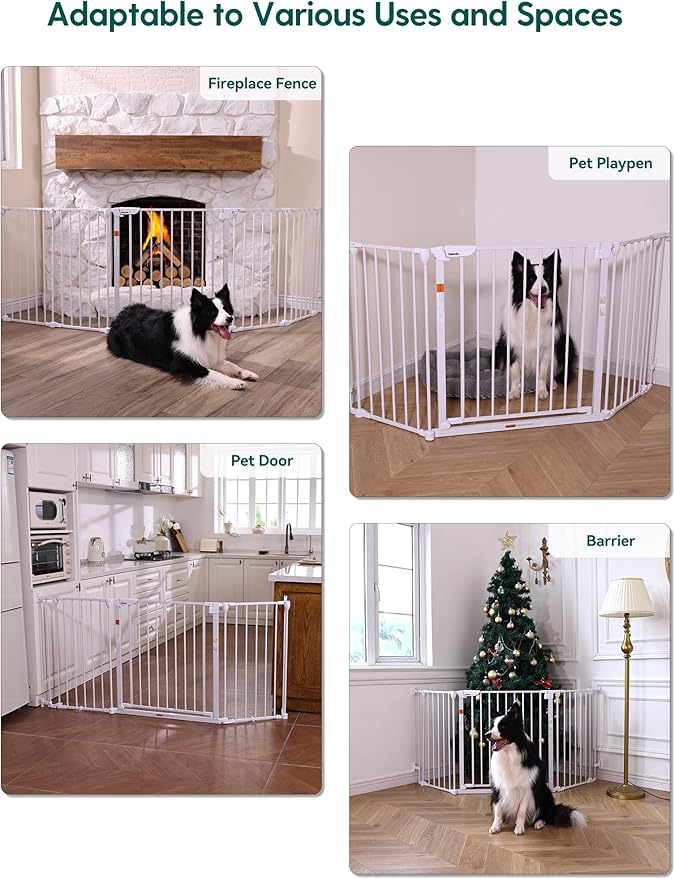 Babelio 104" Extra Wide Baby Gate, 30” Tall Auto Close Dog Fence for Stairs Doorways Fireplace, Hardware Mounted Pet Gate Indoor, Foldable 5 Metal Panels, AdaptiZone Series, White