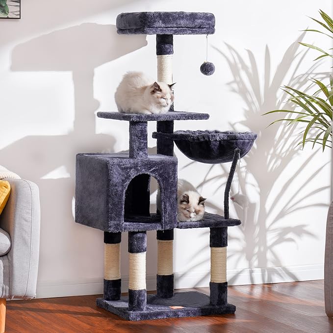 Heybly Cat Tree with Toy, Cat Tower condo for Indoor Cats, Cat House with Padded Plush Perch, Cozy Hammock and Sisal Scratching Posts, Smoky Gray HCT004G