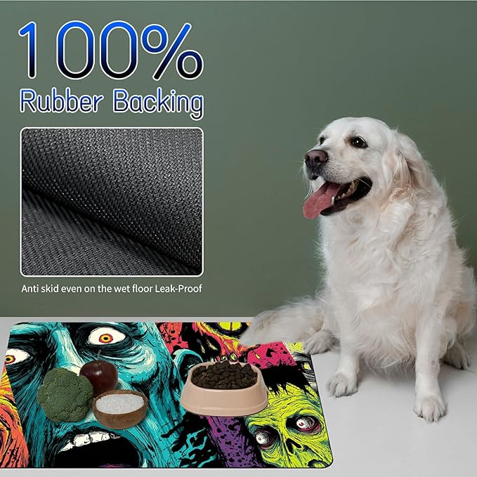 Dog Food Mat, 19.6" x 23.6" Absorbent Pet Feeding Mat for Food and Water, Waterproof Diatom Mud Pet Placemat with Non-Slip Rubber Backing, Easy Clean Cat Bowl Mat for Floors - Art Comic