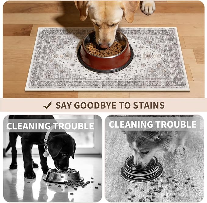 Boho Dog Feeding Mat, Absorbent Cat Matt for Food, Non Slip Pet Water Bowl Placemat Small for Floor, Beige & Charcoal & Brown Indoor Dog Eating Dish Mat 12"x20"