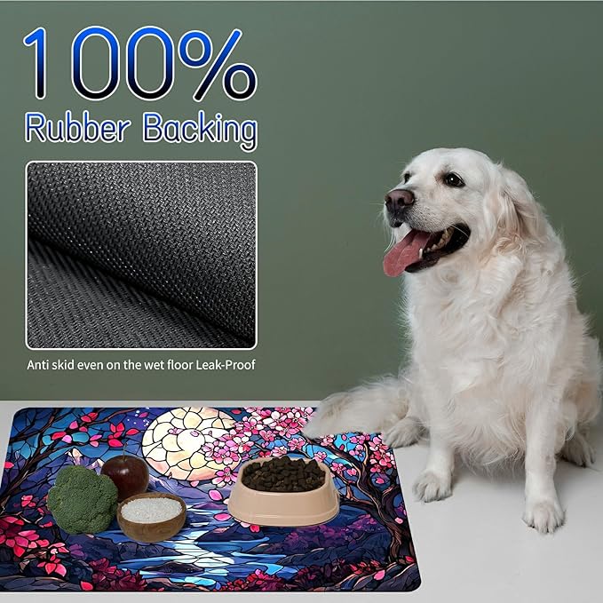 Dog Food Mat, 19.6" x 23.6" Absorbent Pet Feeding Mat for Food and Water, Waterproof Diatom Mud Pet Placemat with Non-Slip Rubber Backing, Cat Bowl Mat for Floors - Moon Creek Flower