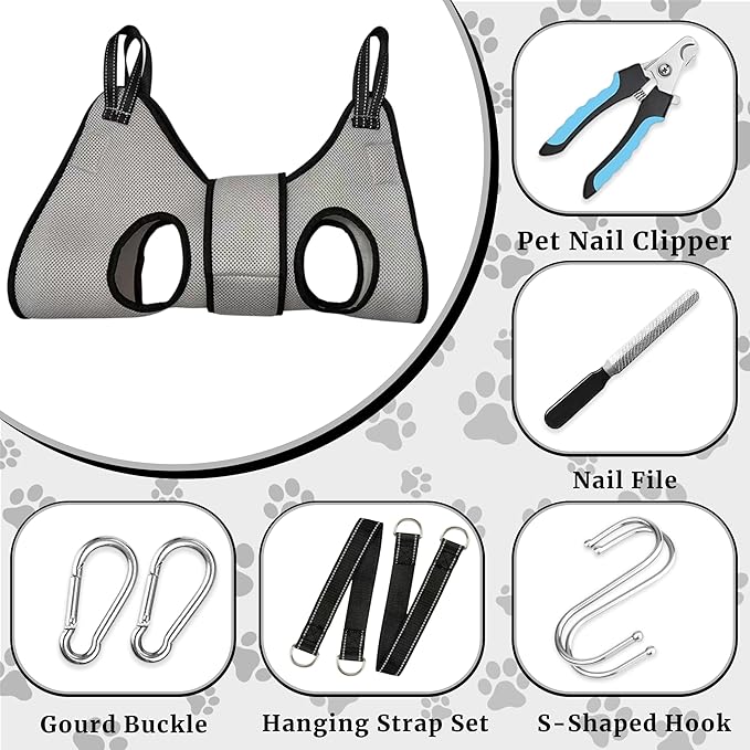 Dog Grooming Hammock Harness, with Elastic Leg Openings for a Flexible Fit, Dog Sling for Nail Trimming, Small Dogs Restraint Hanging Hanger Holder for Clipping Nails (Gray)