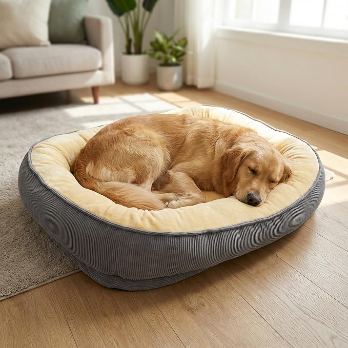 Calming Dog Bed for Medium to Large Dogs 30"x20" - Orthopedic Washable Pet Bed with Anti-Slip Bottom, Indoor Soft Cat Bed with Removable Cover (Beige)