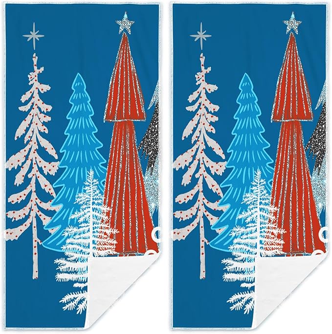 Blue Red Christmas Tree Hand Towels Set of 2 Xmas Watercolor Pine Trees Absorbent Bathroom Towel Soft Decorative Towels for Bathroom, Hotel 29.1 X 13.8 Inch