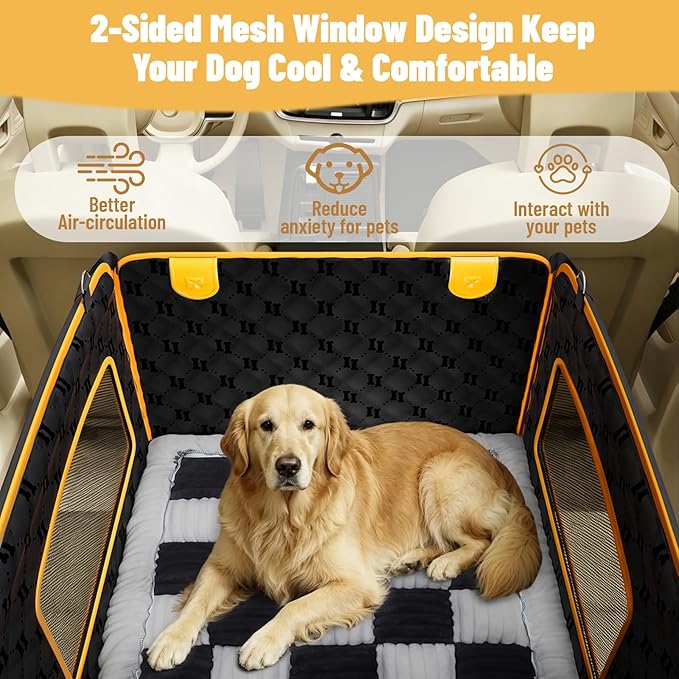 2-in-1 Dog Car Seat for Large Dogs Set with Dog Mat,Dogs Cars Carrier Anti Slip and Waterproof,Pet Car Seat Extender with Hard Bottom&Personalized Signature for Cars/SUV/Trucks(Black&White Mat)