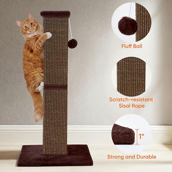 Cat Scratching Post 32 Inch for Indoor Large Cats and Kitten, Nature Sisal Tall Cat Scratch Post, Sisal Cat Scratcher Improve Cat's Scratching Habits and Protect Your Furniture, Full Brown