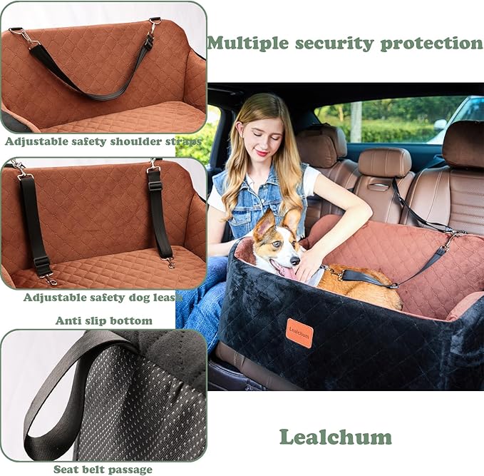 Lealchum Dog Car Seat for Medium/Large Dogs,2 Clip-On Safety Leashs for 2 Small Dogs,Removable and Washable Comfy Pet Car Seat,Easy to Install and Clean (Beige, Large)