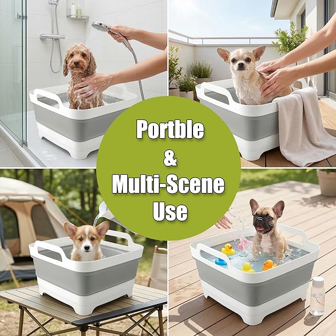 Collapsible Cat Puppy Bath Tub: Portable Small Dog Bathtub, Shampoo Brush & Toothbrush Set - Pet Shower Tub for Chihuahua, Yorkie, Pomeranian, Bichon, Maltese, Shih Tzu, Toy Poodle & Boston Bathing