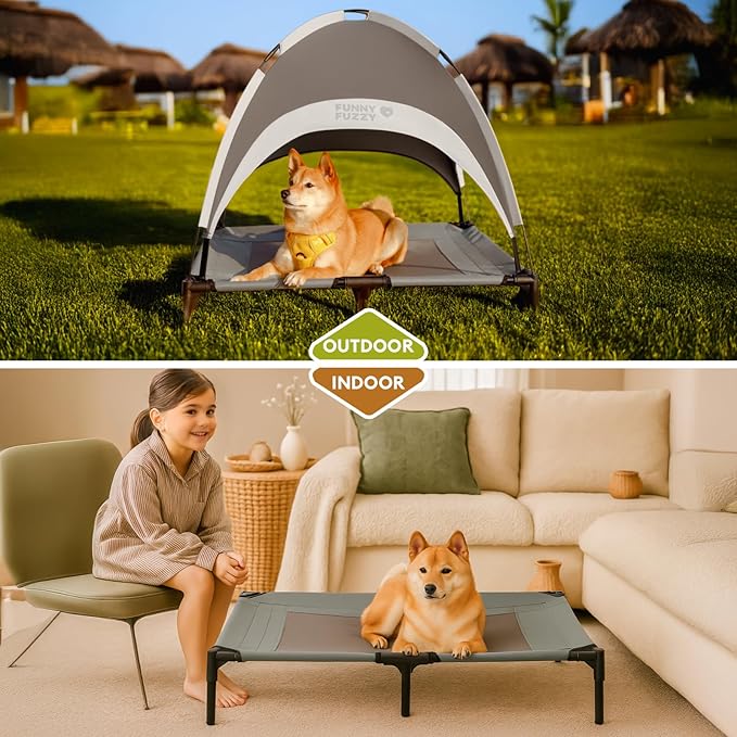 FUNNY FUZZY Elevated Dog Bed with Canopy for Small Dogs, 24"x18"x7" Cooling Outdoor Pet Cot with UV Protection, Breathable Mesh for Cooling, Indoor & Outdoor Use for Dogs, Grey