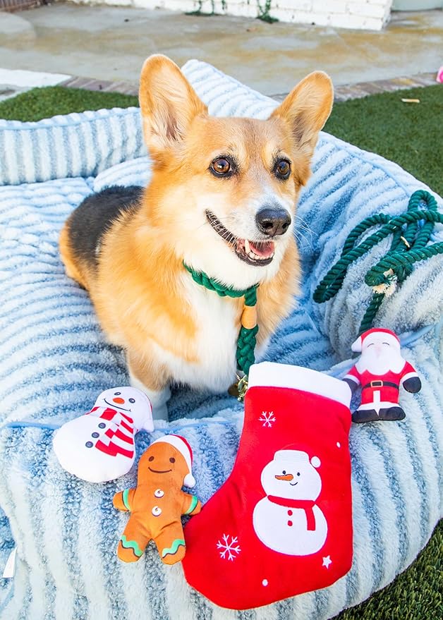Glow Pups Christmas Stocking Hide and Seek Dog Toy, Interactive Plush Santa, Snowman, Gingerbread Man, Crinkle and Squeak, Holiday Burrow Toy for Small Medium Dogs, Red Plush Christmas Snowflake