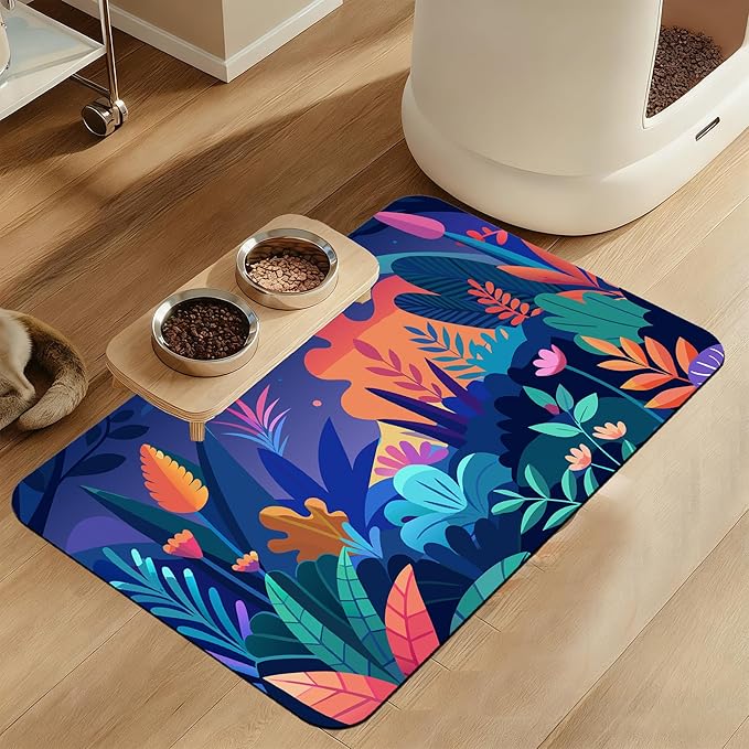 Boho Starry Forest Dog Food Mat–Absorbent Quick Dry Feeding Placemat for Food and Water Bowls, Non Slip Rubber Backing, Waterproof Pet Supplies for Mess-Free Eating 16"x24"
