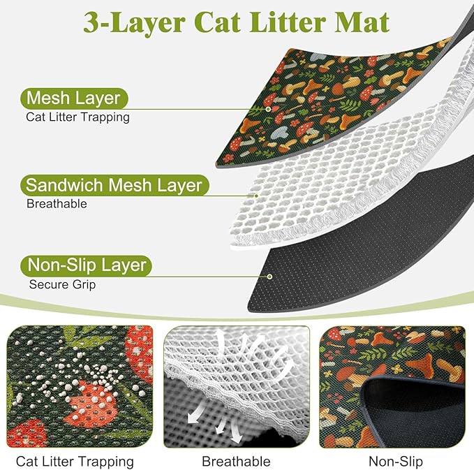 Unicorn Catcher 24X15in Cat Litter Mat Machine Washable Soft 3D Air Mesh Litter Box Rug Non-Slip Backing Quick Dry Scatter Control for Paws,Green Mushrooms