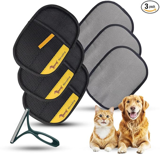 3-Pack Magic Brush Pet Hair Removal Gloves with A Hair/Lint Removal Tool – Remove Cat/Dog Fur from Clothing, Furniture, Car Seats, Bedding & Carpet