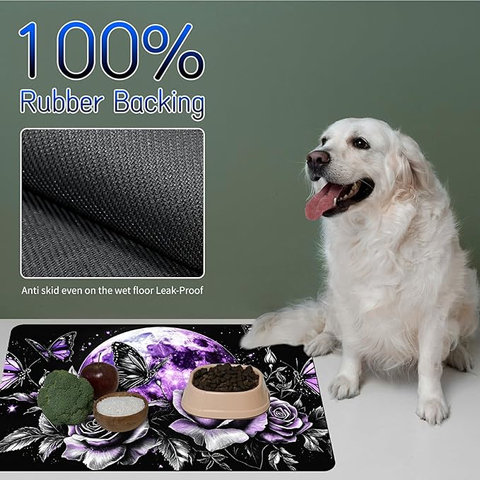 Dog Food Mat, 15.7" x 23.6" Absorbent Pet Feeding Mat for Food and Water, Waterproof Diatom Mud Pet Placemat with Non-Slip Rubber Backing, Easy Clean Cat Bowl Mat for Floors - Purple Moon Rose
