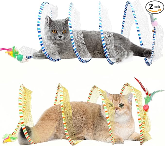 2-Pack Large Cat Tunnel Beds - Indoor & Outdoor,Kitten Collapsible Spring Tunnel Toy with Feather and Bell,Interactive Spring Toys for Cats & Kittens（Yellow and Blue）