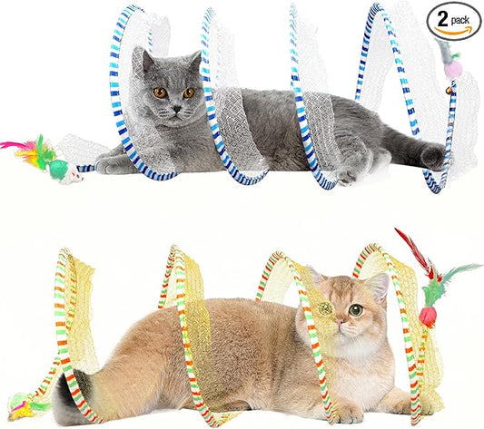 2-Pack Large Cat Tunnel Beds - Indoor & Outdoor,Kitten Collapsible Spring Tunnel Toy with Feather and Bell,Interactive Spring Toys for Cats & Kittens（Yellow and Blue）