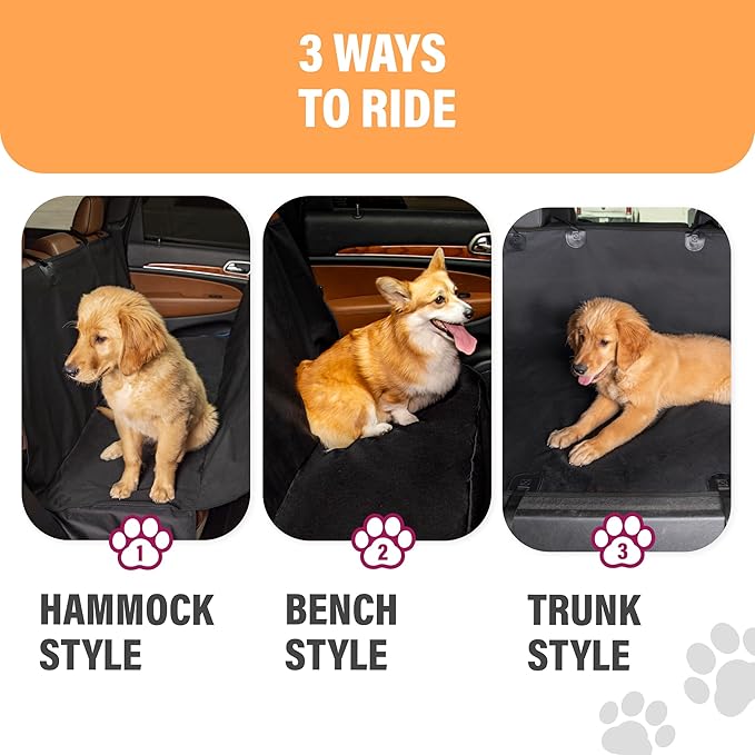 Active Pets Waterproof Hammock Standard Car Seat Cover, Fits Sedans Hatchbacks Crossovers Coupes Compact Vehicles, Secure Convertible Travel Bed Protects Backseat Cargo from Dogs, Black w/Blue Trim