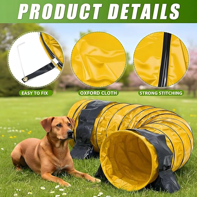 Briwooody 24 in 10 Foot PVC Dog Agility Tunnel with Sandbags Dogs Agility Training Equipment Tunnel with 2 Pack Sandbags, Carry Bag and 4 Ground Spikes for All Medium Large Dogs(Yellow)