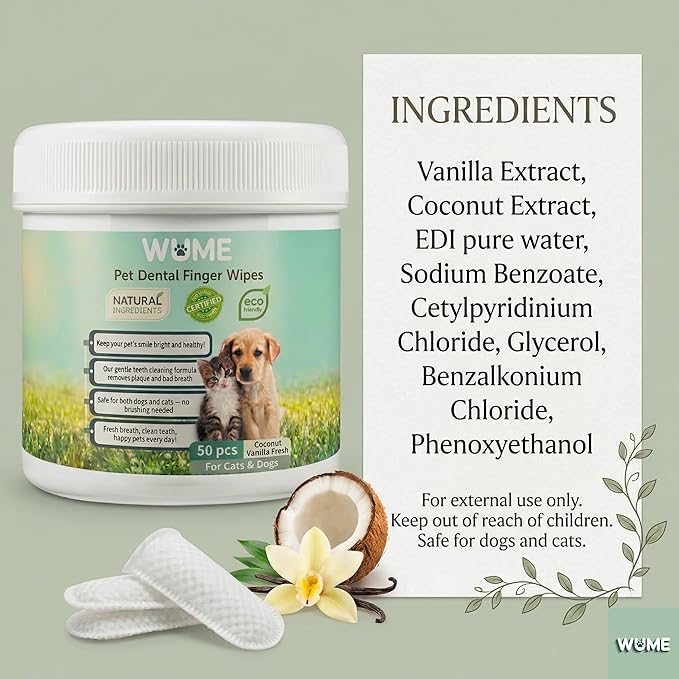 WUME Coconut Vanilla Fresh Pet Dental Finger Wipes for Dogs & Cats, Pet Breath Freshener & Toothbrush Alternative, Natural Coconut & Vanilla, 50 Count