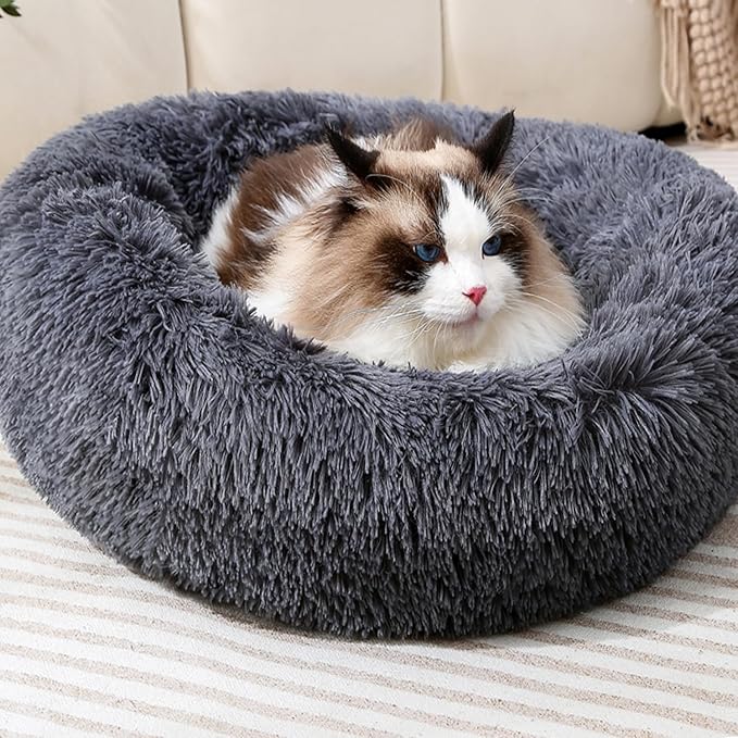 Cat Bed Small Dog Bed for Indoor Cats, Self-Warming Ultra-Soft Plush Calming Kitten Bed, Rabbit Pillow Pet Beds Non-Slip Machine Washable Dark Gray 17.5" Up to 10lbs