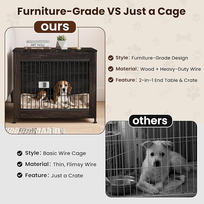 Wooden Dog Crate Furniture, 27in Dog Cage Furniture with Slide Safety Latch, Indoor Decorative End Table for High Anxiety Dogs, Furniture Style Dog Crate for Small to Medium Dogs, Rustic Brown