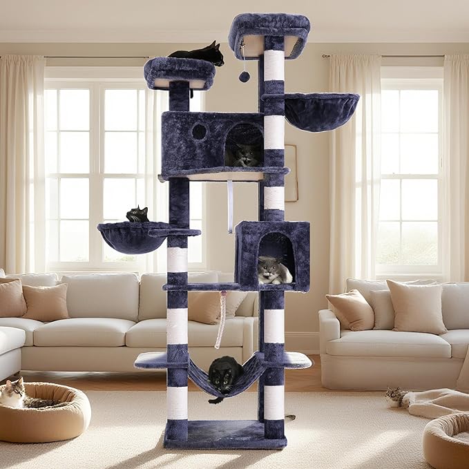Gitelsnour Tall Cat Tree, Large Cat Tower for Adult Cats, 80.7'' (205cm) Heavy-Duty Cat Tree House for Indoor Cats 20 lbs+ with Scratching Posts, 2 Top Perches/Condos, Hammcok, Smoky Gray GCT034G