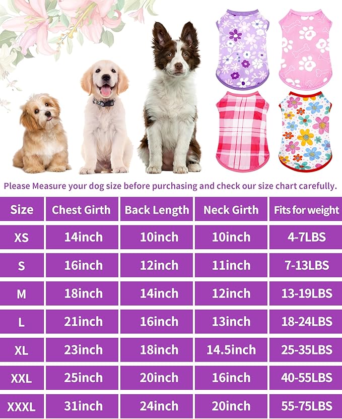 PET SHOW 4 Pack Summer Dog Shirts for Large Dogs Girl UPF 50+ UV Sun Protection Cooling Clothes Tank Top Floral Dog T-Shirts Pet Holiday Party Sleeveless Vest Pink(XXX-Large)