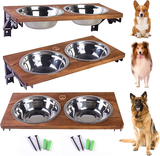 Folding Dog Bowl Stand Mounted Elevated Pet Feeder Includes 2 Stainless Steel, Adjustable Dog Bowls for Medium-Large Dogs 44 Oz