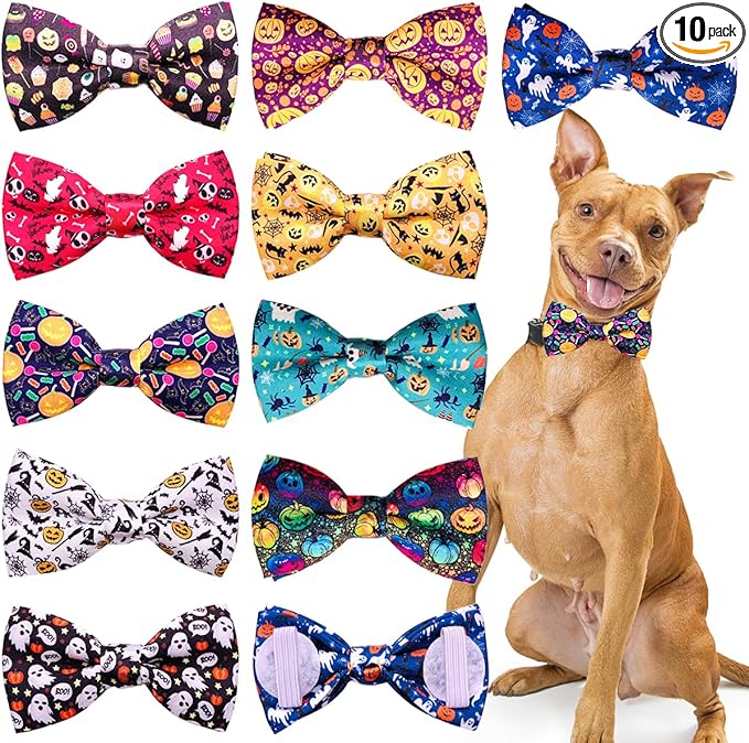 PET SHOW 10pcs Halloween Large Dog Bow Ties for Medium Big Detachable Dogs Bowties with Elastic Bands Attach to Collar Pet Grooming Collar Attachment Accessories