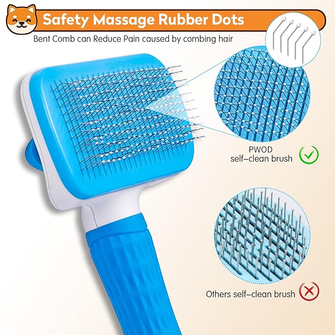 Dog & Cat Brush Kit 2PCS, Self Cleaning Slicker Brush for Pets, Upgraded Dog Brush for Shedding Massaging and Grooming, Removes Loose Undercoat & Portable Comb for Long Short Haired Dogs