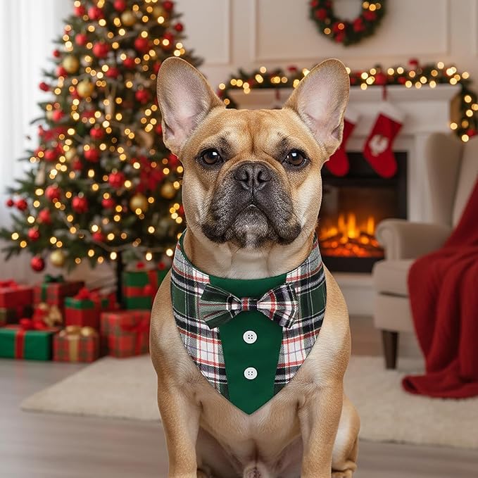 ADOGGYGO Christmas Green Dog Tuxedo Bandana, Plaid Pet Bowtie Collar, Adjustable Green Plaid Christmas Costume for Medium Dogs (M)
