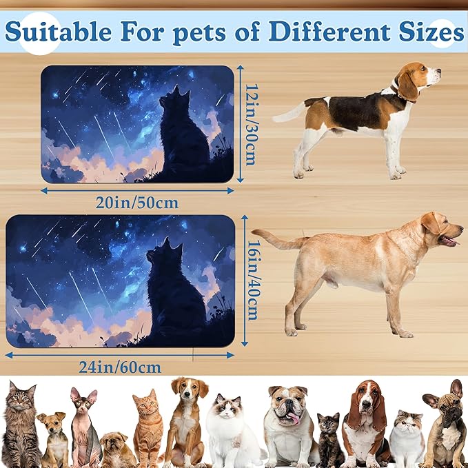 Starry Night Cat Dog Food Mat–Absorbent Quick Dry Feeding Placemat for Food and Water Bowls, Non Slip Rubber Backing, Waterproof Pet Supplies for Mess-Free Eating 12"x20"