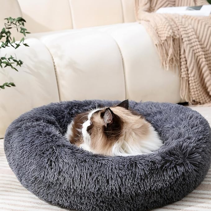 Round Donut Cat Bed Dog Bed Plush Calming Pet Beds Fluffy Rabbit Cave Warm Dog Couch Non Slip Bottom for Pets Up to 18KG