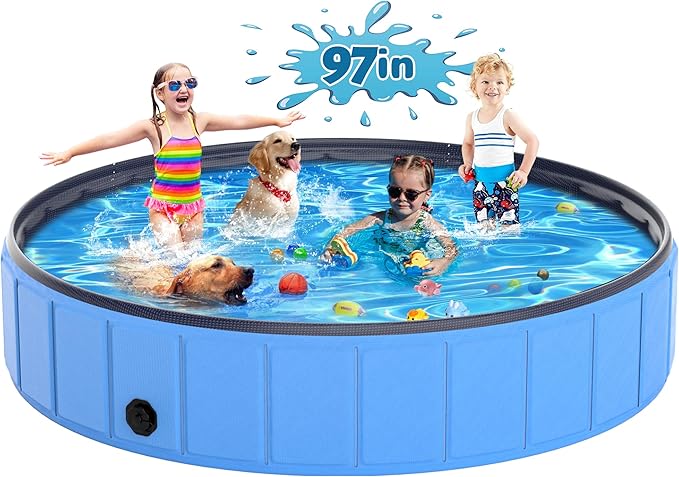 Instraella 97"x16" Dog Pool for Large Dogs, Heavy Duty Hard-Side Foldable Pet Pool, Non-Slip Collapsible Dog Bathing Tub with Drain, Portable Kiddie & Dog Swimming Pool for Outdoor & Indoor Use