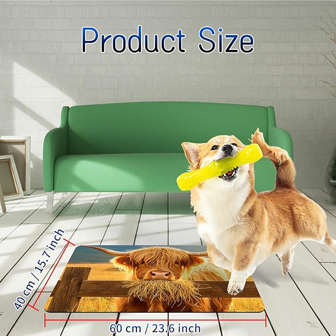 Dog Food Mat, 15.7" x 23.6" Absorbent Pet Feeding Mat for Food and Water, Waterproof Diatom Mud Pet Placemat with Non-Slip Rubber Backing, Easy Clean Cat Bowl Mat for Floors - Yellow Lawn Cow